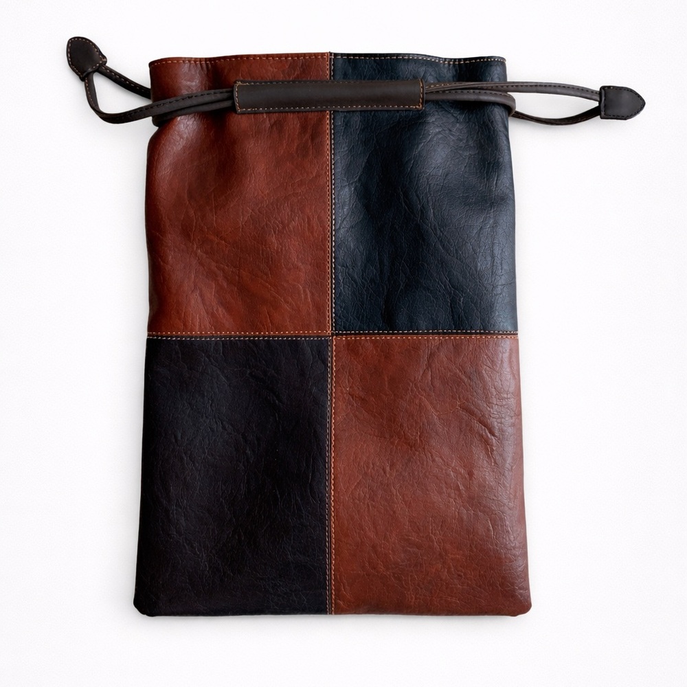 Leather Patchwork Drawstring Bag in Brown and Black | Luxurious Travel Bag - Picture 3 of 8